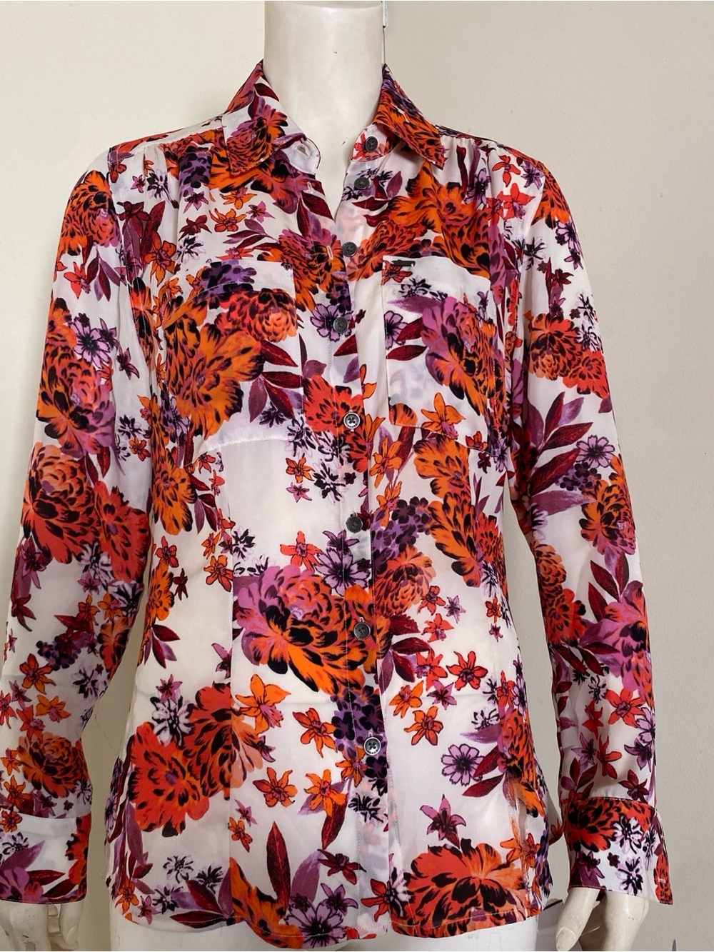 Guess Floral Button-Up Blouse in Orange, Pink & White